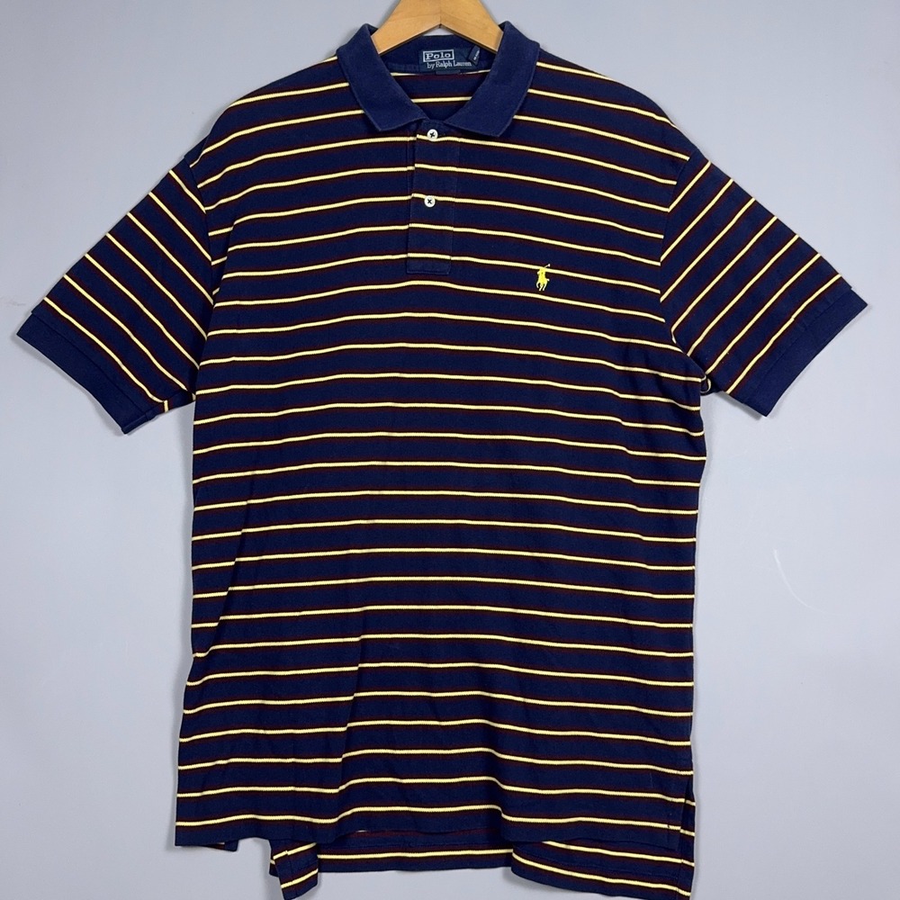 Poloโ Classic Fit Polo Shirt Mens Size XL Cotton Striped Navy Blue Yellow